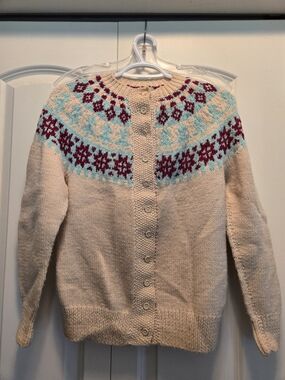 Cream Button-Front Fair Isle Yoke Sweater with Aqua & Burgundy Accents Homemade